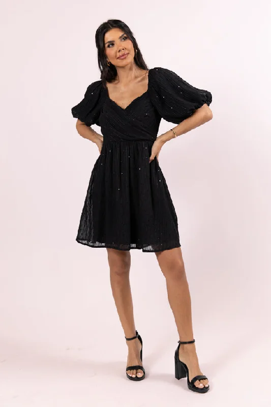 Get Figgy With It Black Textured Surplice Neckline Holiday Dress