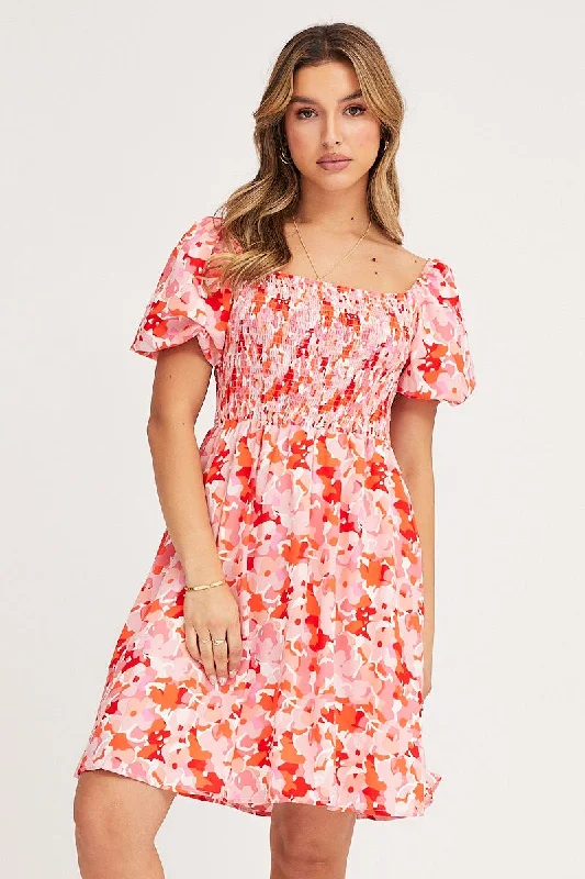 Print Fit And Flare Dress Short Sleeve Square Neck