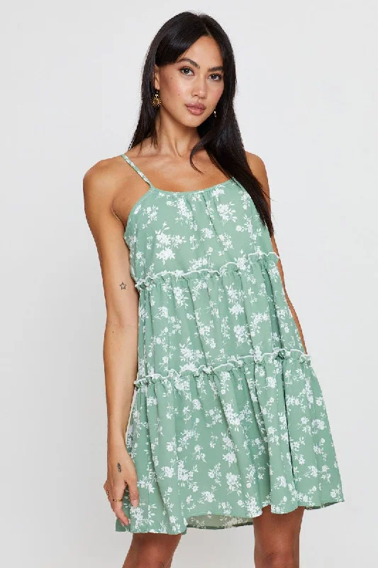 Print Fit And Flare Dress Sleeveless Tie Shoulder