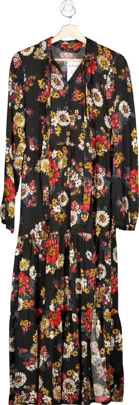 Zara Black Floral Tiered Long Floral Dress UK S