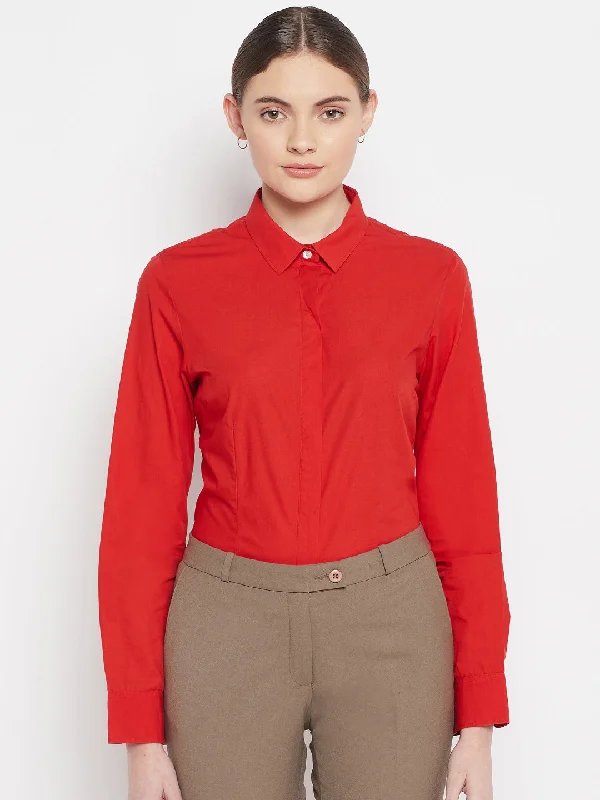 Women's Formal  Red Regular Full Sleeve  Shirt