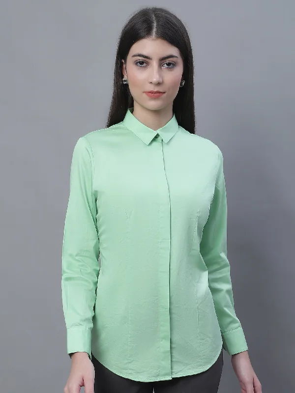 Women's Formal Slim Fit Green Regular Full Sleeve  Shirt