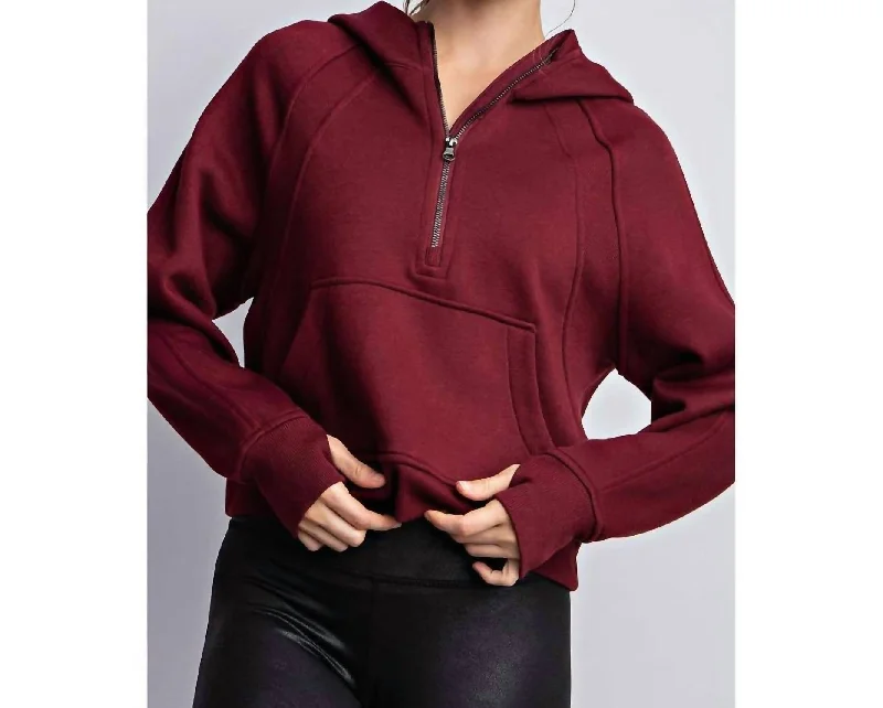 Quarter Zip Cropped Hoodie In Burgundy