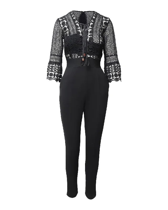 Self-Portrait Lace Jumpsuit in Black Polyester