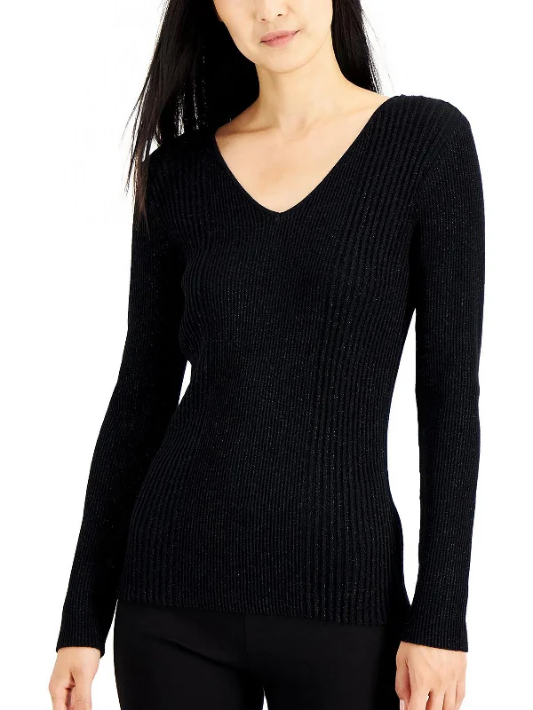 Womens Ribbed Metallic V-Neck Sweater