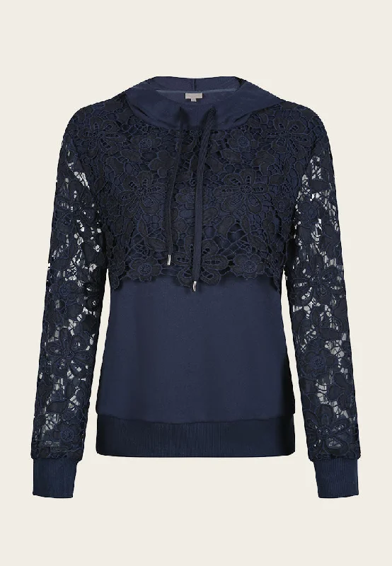 Elodie Navy Lace-embroidered Hoodie