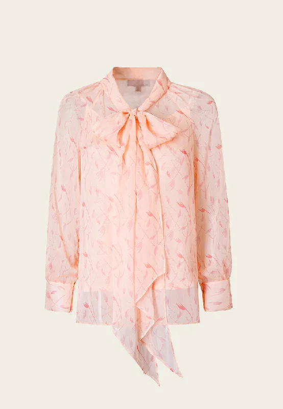 Peach Pussy-bow Sage Pattern Chiffon Blouse