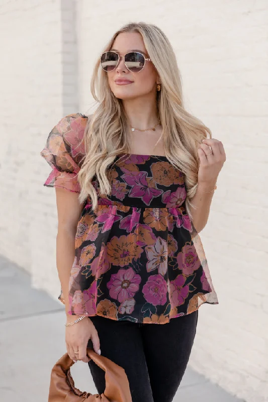 Something Beautiful Black Floral Print Tulle Blouse FINAL SALE