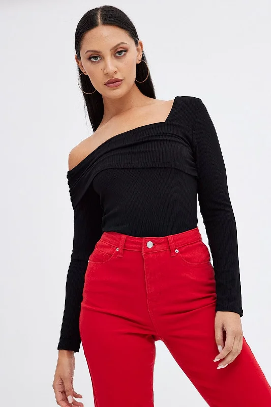 Black Top One Shoulder Long Sleeve Rib