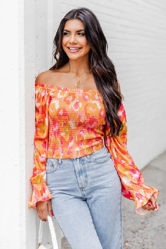 Just A Moment Orange Floral Print Off The Shoulder Blouse FINAL SALE