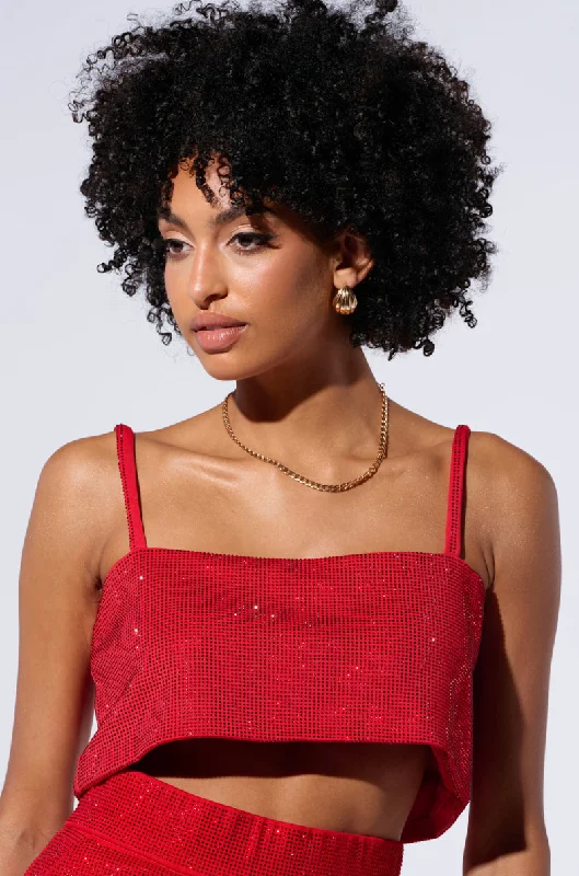 POP STAR HOT FIX RHINESTONE CROP TOP IN RED