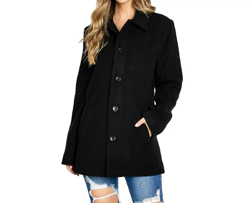 Classic Warm Fleece Midi Car Coat In Black