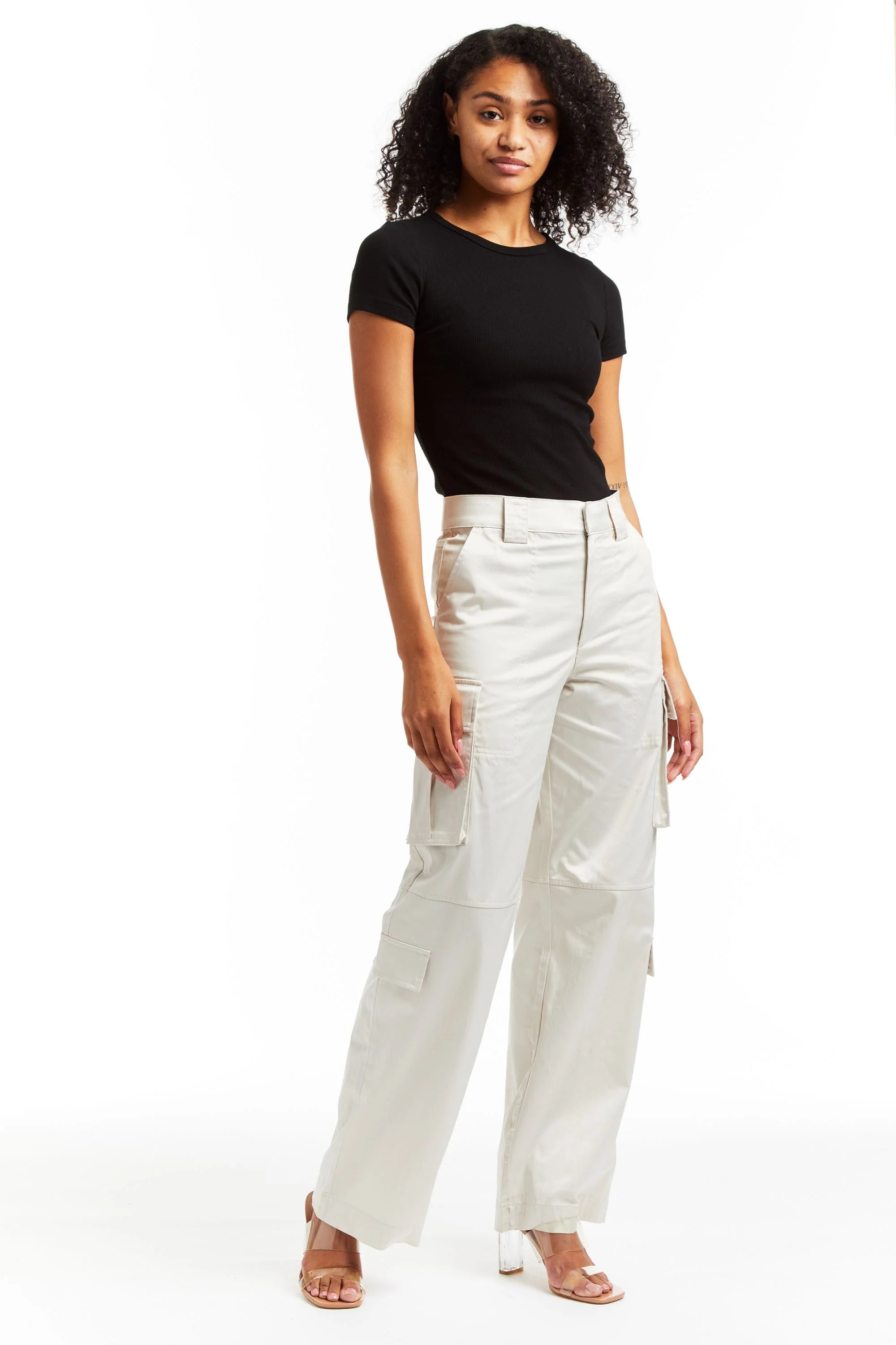 Wide Leg Satin Cargo Pant - Khaki